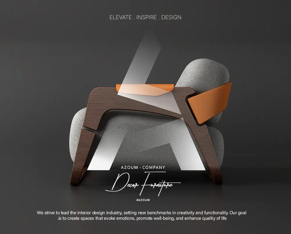 كرسي ديكور عصري من تصميم شركة AZOUM يجمع بين الخشب والقماش الرمادي مع لمسات برتقالية فاخرة. Modern designer armchair concept by AZOUM Company — luxury decor furniture in grey and wood with orange accents.