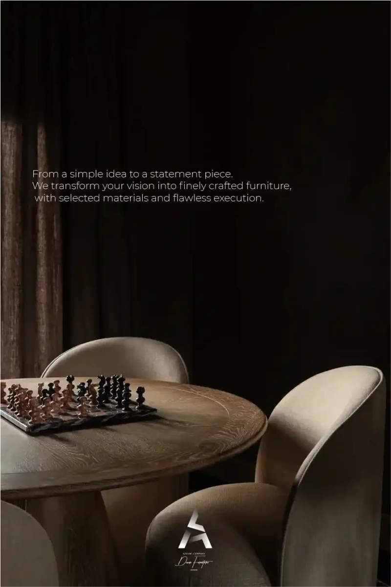 تصميم وتنفيذ كرسي خشبي مخصص لبراند Azoum يجمع بين الحرفية اليدوية والتصميم العصري Custom luxury wooden chair design for Azoum brand blending hand craftsmanship with modern aesthetics.