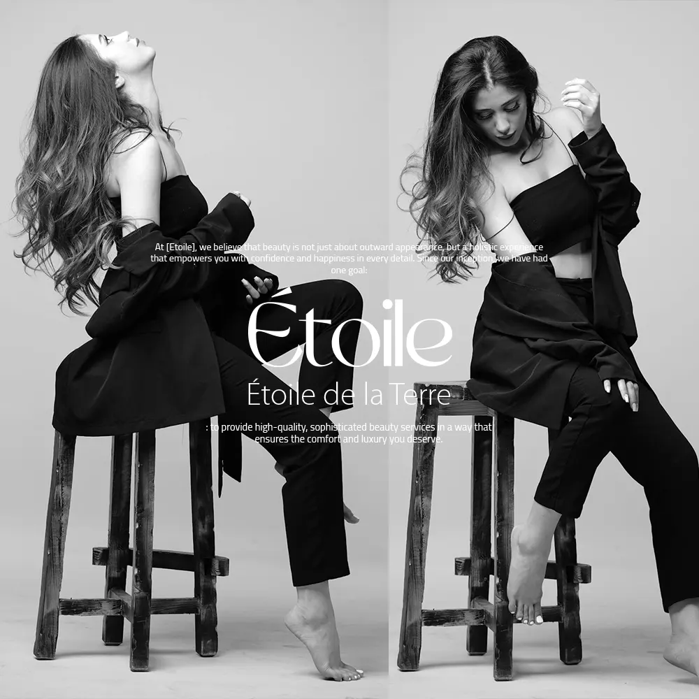 صورة براندنج لعلامة Étoile في ستايل فاشون راقٍ بالأسود والأبيض تعكس الجمال والهوية الفاخرة. Black and white beauty branding visual for Étoile featuring elegant fashion photography and luxury identity.