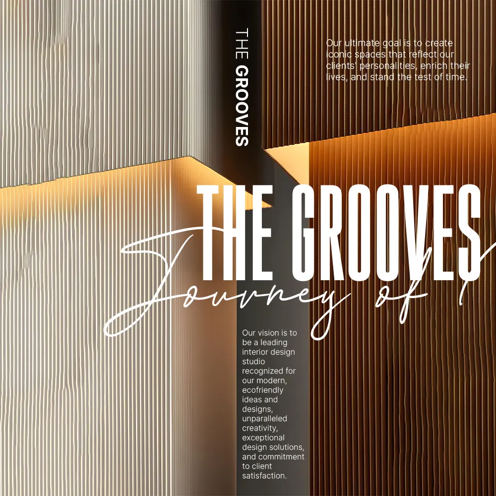 تصميم هوية بصرية لعلامة “THE GROOVES” مع جدران متموجة وإضاءة دافئة بأسلوب عصري. Modern interior design branding visual for “THE GROOVES” featuring textured wall panels with warm ambient lighting.