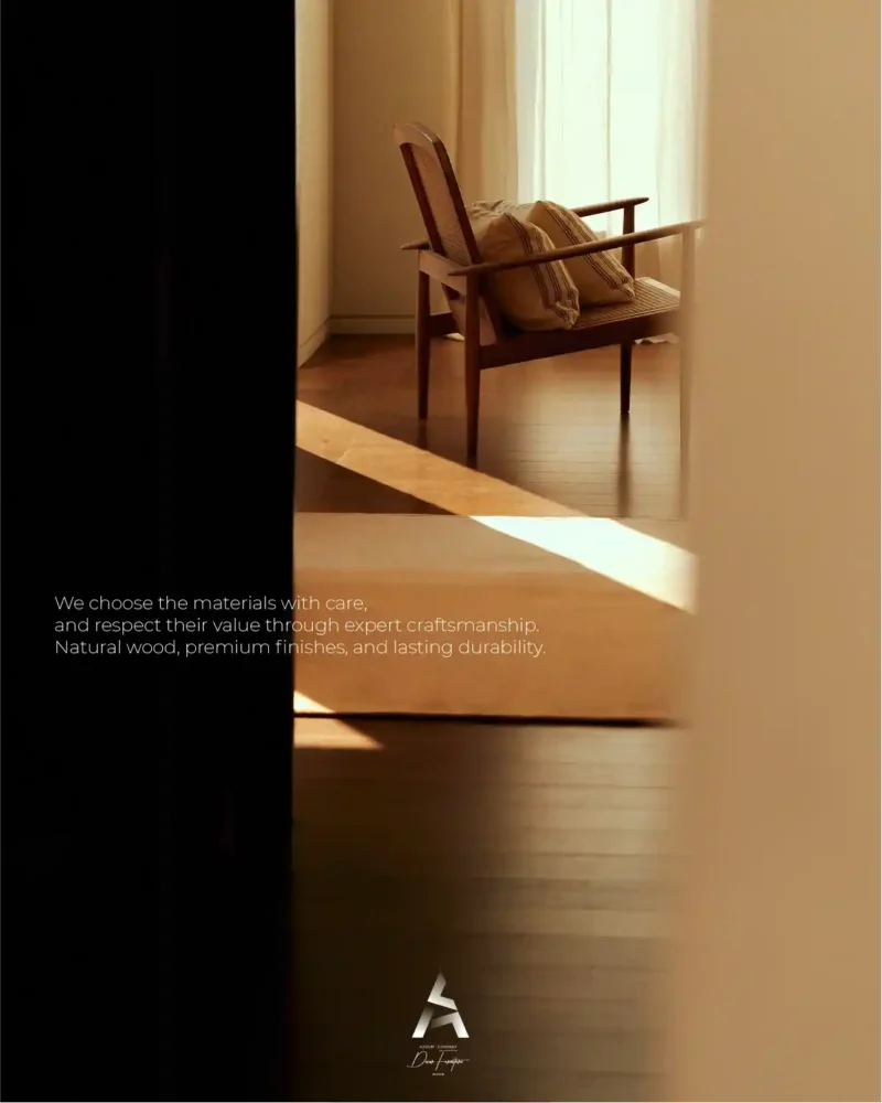 تصميم وتنفيذ كرسي خشبي مخصص لبراند Azoum يبرز مهارة وكالة رامي صلاح في Design and execution of a custom wooden chair for Azoum brand, showcasing Ramy Salah Agency's industrial branding expertise