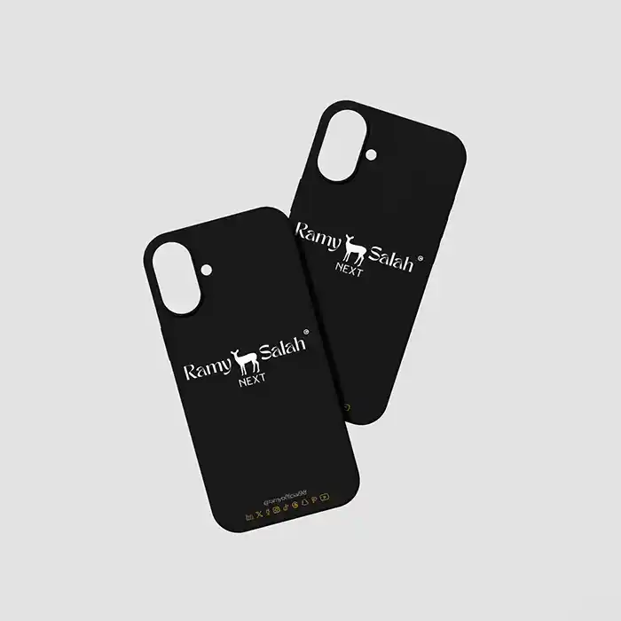 جرابان للهاتف باللون الأسود مطبوع عليهما شعار رامي صلاح | Two black phone cases printed with Ramy Salah logo