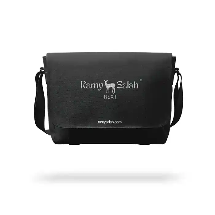 حقيبة كروس سوداء للكتف مطبوع عليها شعار رامي صلاح باللون الأبيض | Black messenger shoulder bag with white Ramy Salah logo