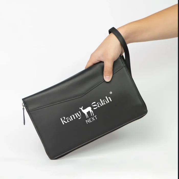 حقيبة يد جلد سوداء للرجال مع شعار رامي صلاح | Black leather men's clutch bag with Ramy Salah logo