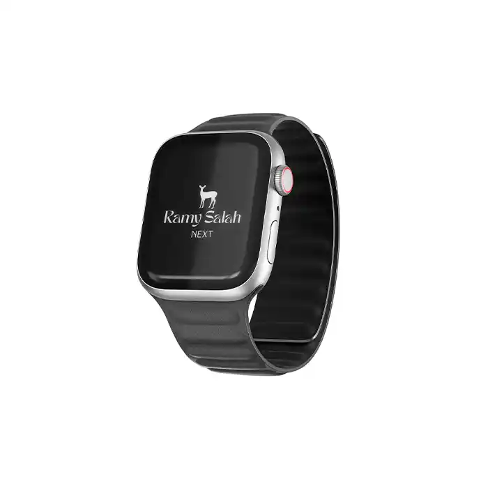 ساعة ذكية سوداء بشاشة مستطيلة مع شعار رامي صلاح | Black smartwatch with rectangular screen and Ramy Salah logo