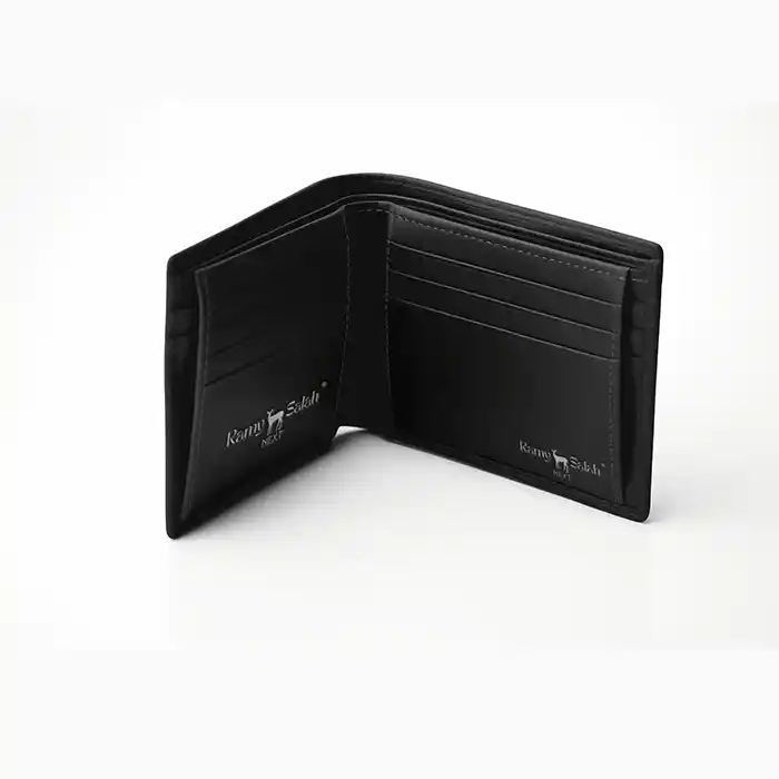 محفظة جلد رجالي سوداء مفتوحة مع شعار رامي صلاح | Open black men's leather wallet with Ramy Salah logo