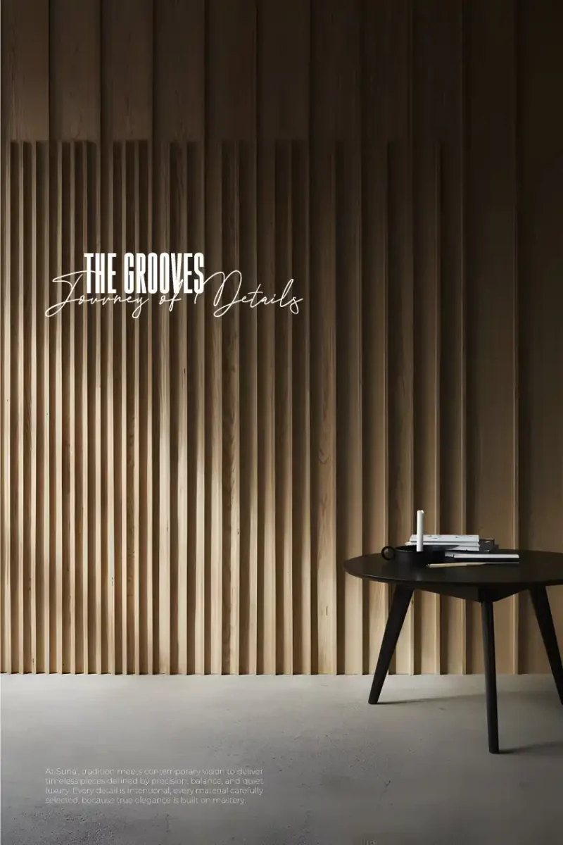 رامي صلاح - الابتكار في التصميم الداخلي البسيط والفاخر Modern vertical wood paneling design for "The Grooves" project - executed by Ramy Salah Agency.