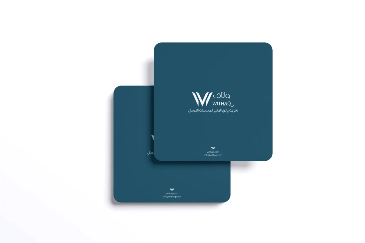 Visual Identity Withaq Co – Ramy Salah تصميم كوسترات (Coasters) فاخرة تحمل شعار شركة وثاق للخدمات المتكاملة - تنفيذ وكالة رامي صلاح. Premium custom coaster design featuring the WITHAQ Integrated Services logo - by Ramy Salah Branding Agency.