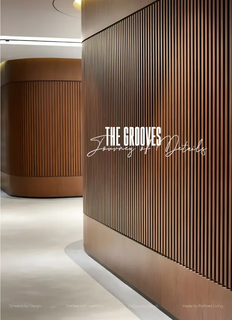 تصميم جدار خشبي منحني بخطوط طولية دقيقة (Grooves) يعكس الفخامة العصرية في مشروع "The Grooves" - تنفيذ وكالة رامي صلاح Curved wooden wall design with precise vertical grooves reflecting modern luxury in "The Grooves" project - executed by Ramy Salah Agency